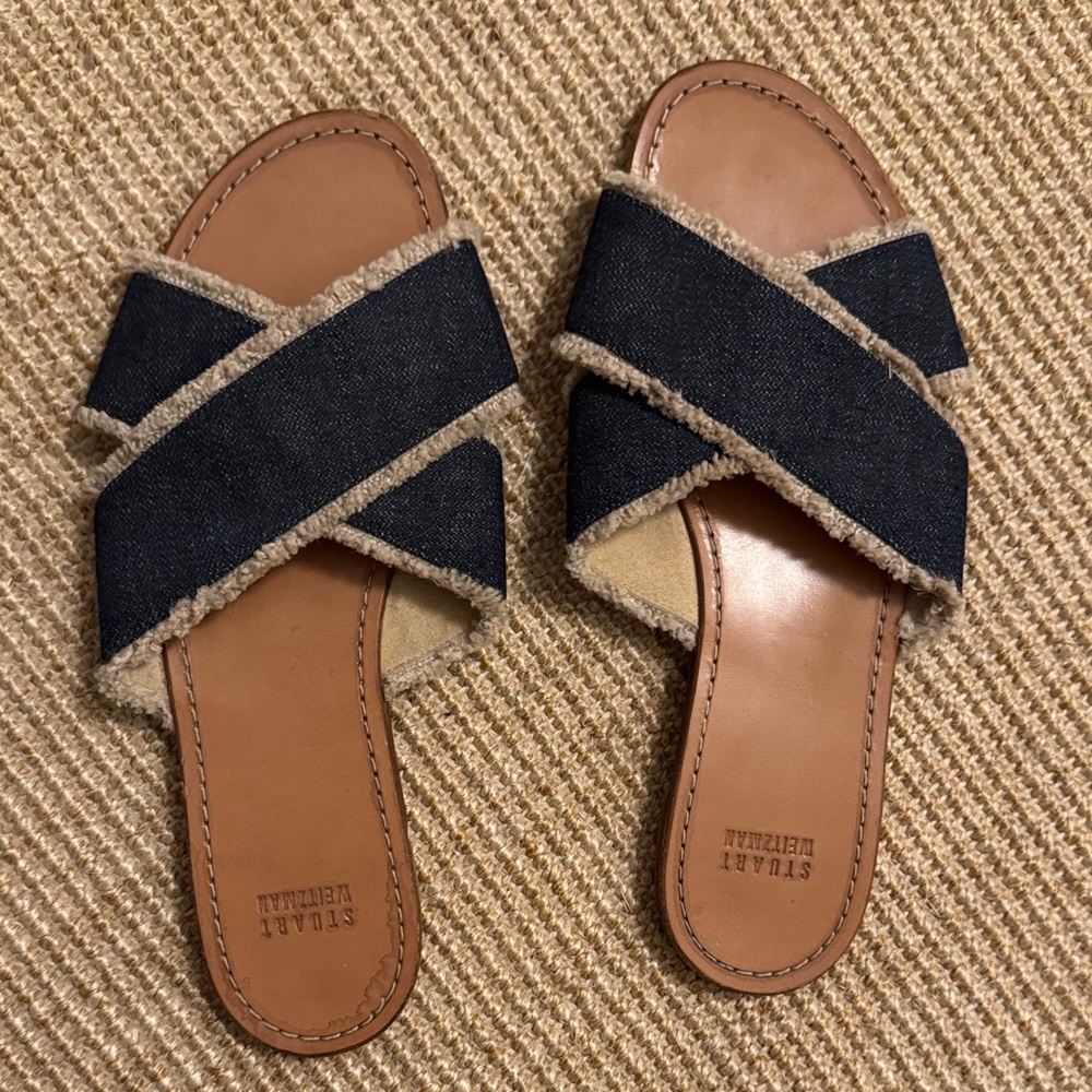 Stuart Weitzman Navy and Tan Crisscross Sandals